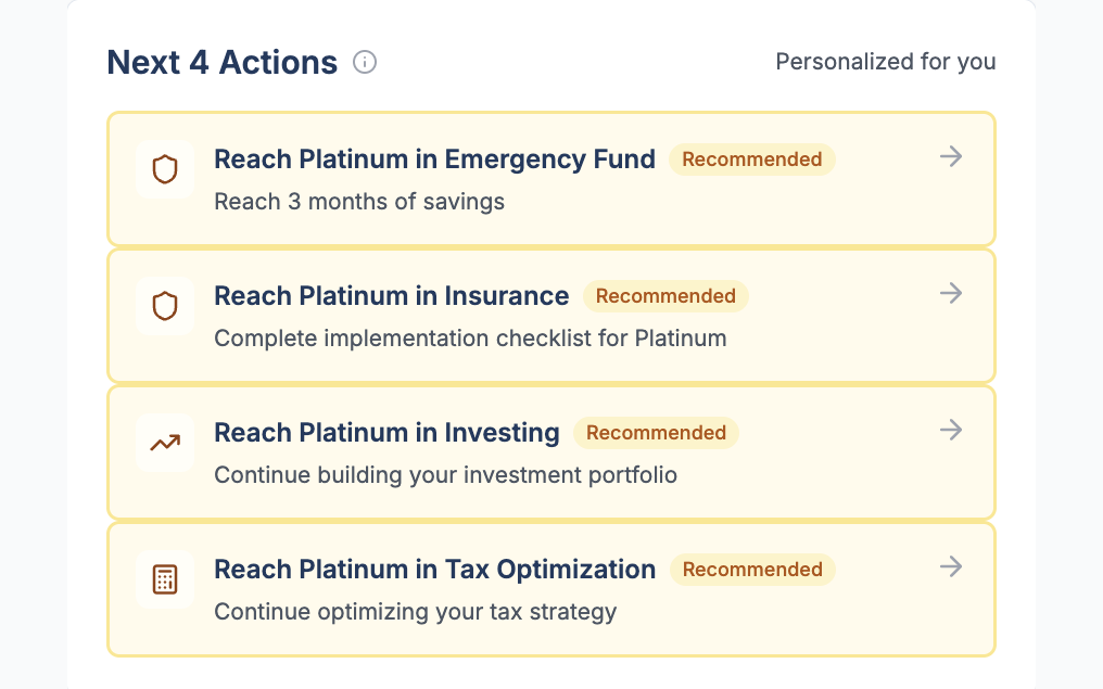 The Next Actions panel in Financial Fitness Passport, listing recommended next steps